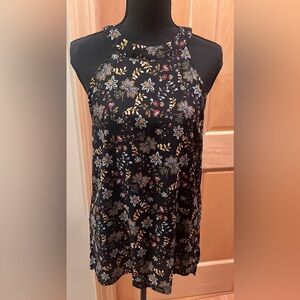 Paper Crane Boho Black Floral Whimsical Tunic Sleeveless Halter Hi-Lo Top M